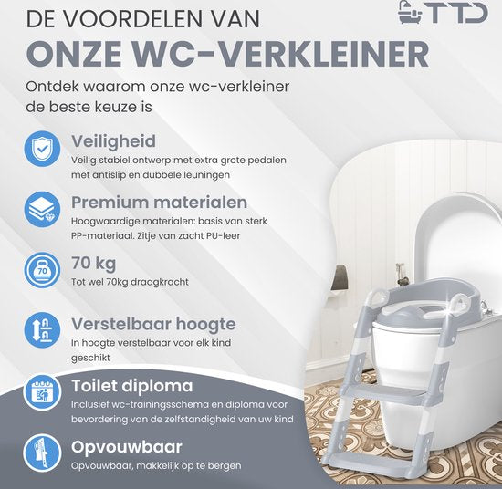 TTD® Potje Peuter - WC Verkleiner met Trapje - Toiletverkleiner - Toilettrainer met Opstapje - In Hoogte Verstelbaar en Opvouwbaar - 2 tot 8 jaar - Met Beloningssysteem en Diploma