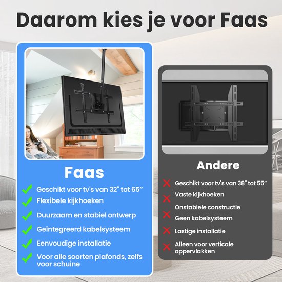 TV Beugel - voor Plafond of Schuin Dak - 32" t/m 65" - Draaibaar & Kantelbaar - Max 30KG - Zwart - van Faas