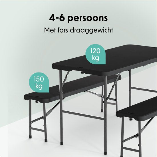 LifeGoods Inklapbare Picknickset - 124cm x 61,5cm - Tuintafel met 2 Banken - Weerbestendig - Campingtafel - Biertafel Opklapbaar - Voor Binnen en Buiten - Voor 4 tot 6 Personen - Zwart