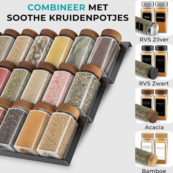 Soothe Kruidenrek Lade voor 24 Kruidenpotjes - Uitschuifbaar - 6 Set - Kruiden Organizer - Kruidenrekken - Kruidenrekje - RVS