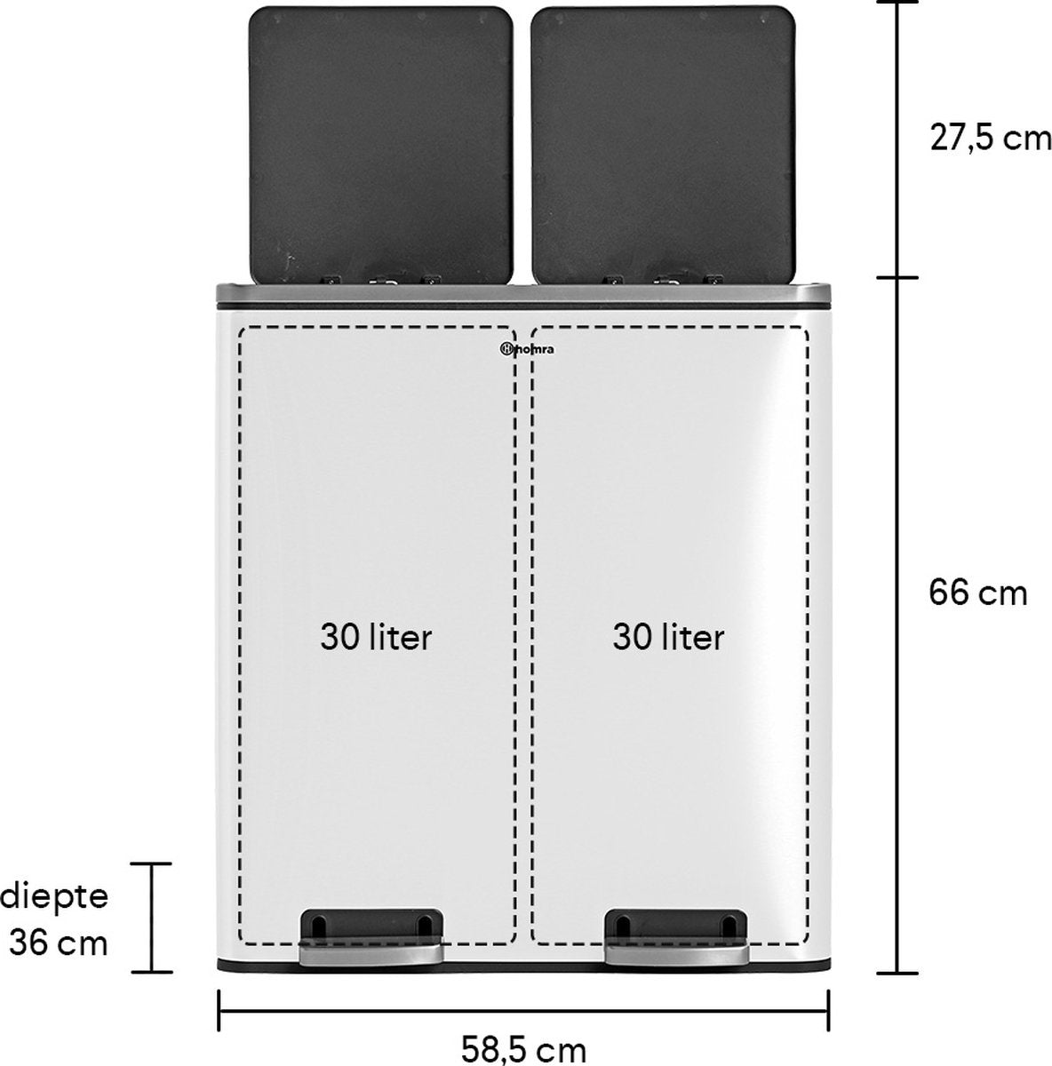 Afvalscheidingsprullenbak 2 vakken Crème Wit – 60 L (2x30 Liter) pedaalemmer Homra QUICKX – Design Duo Afvalemmer RVS - Afval Scheiden - Recycle Afvalbak - Hygiënisch Pedaal - Dubbele Vuilnisbak - Keuken Vuilbak - Kantoor Prullenbak