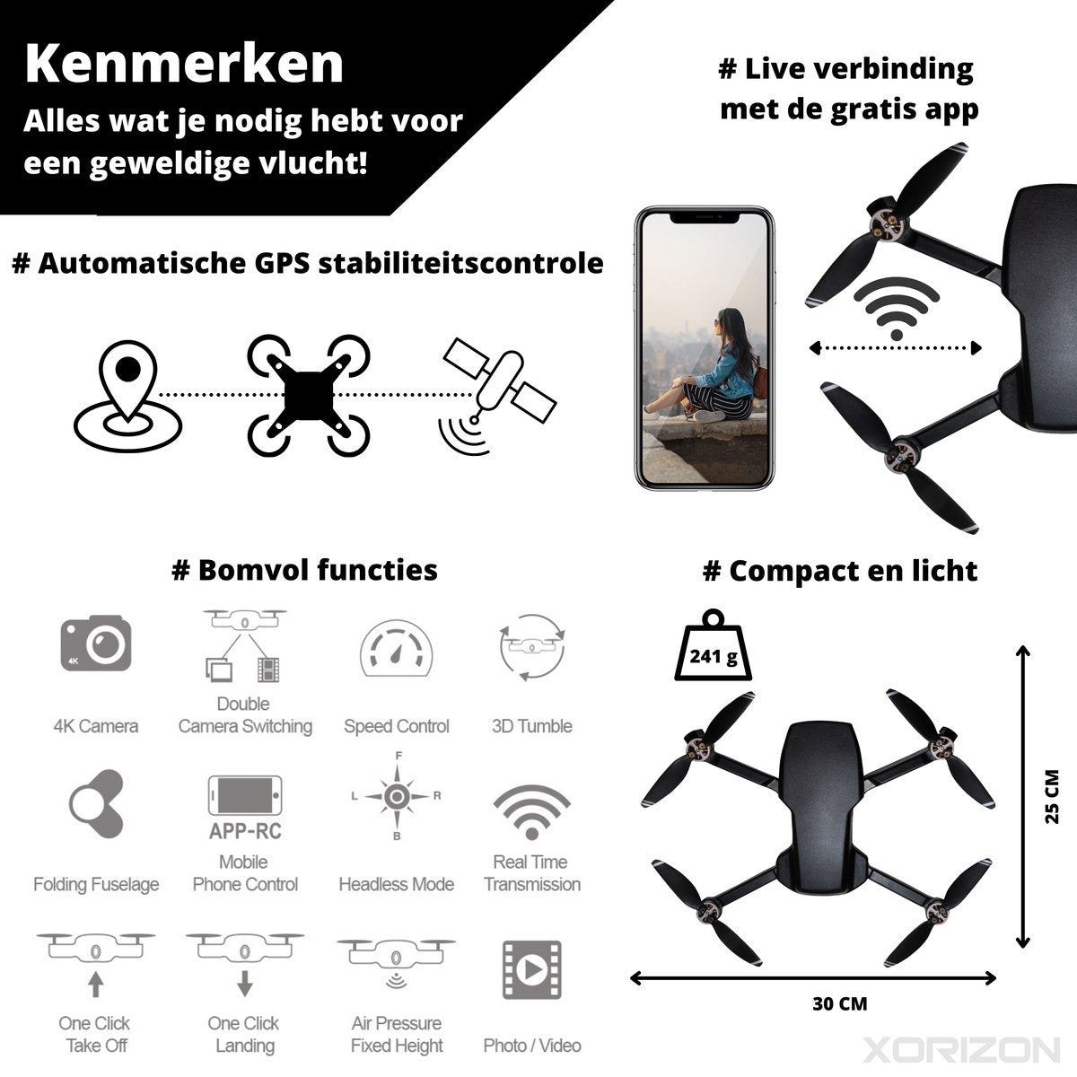 Xorizon XZ96 4K GPS drone - 4K camera - Drone met camera - Drone met GPS - Mini Drone - Brushless motoren - 50 minuten vliegtijd - 1 KM bereik - 5GHz Wifi FPV - incl. Travelcase - Geen vliegbewijs nodig - 242 gram - 2 accu's meegeleverd - Zwart