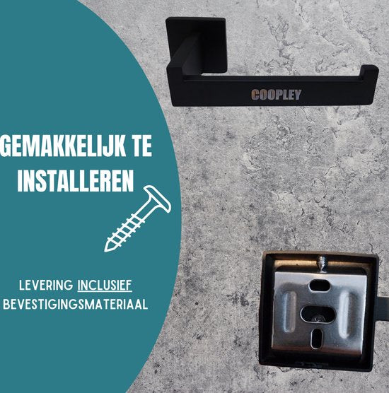 WC Rolhouder Inclusief Handdoekhaak - Toiletrolhouder - WC Papier Houder - WC Rol Houder RVS - Mat Zwart - Inclusief Montageset - Coopley