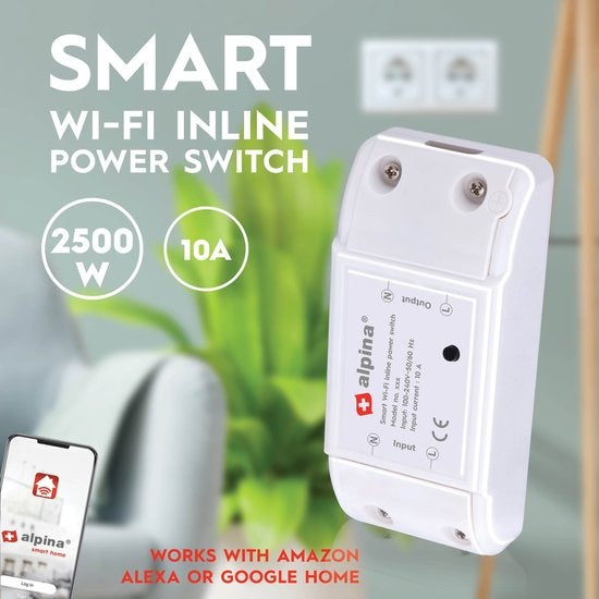 alpina Smart Home - Slimme Schakelaar - 230V/10A - Montage in Kabel - Tijdschema's Instellen - alpina Smart Home App - Google Home - Amazon Alexa