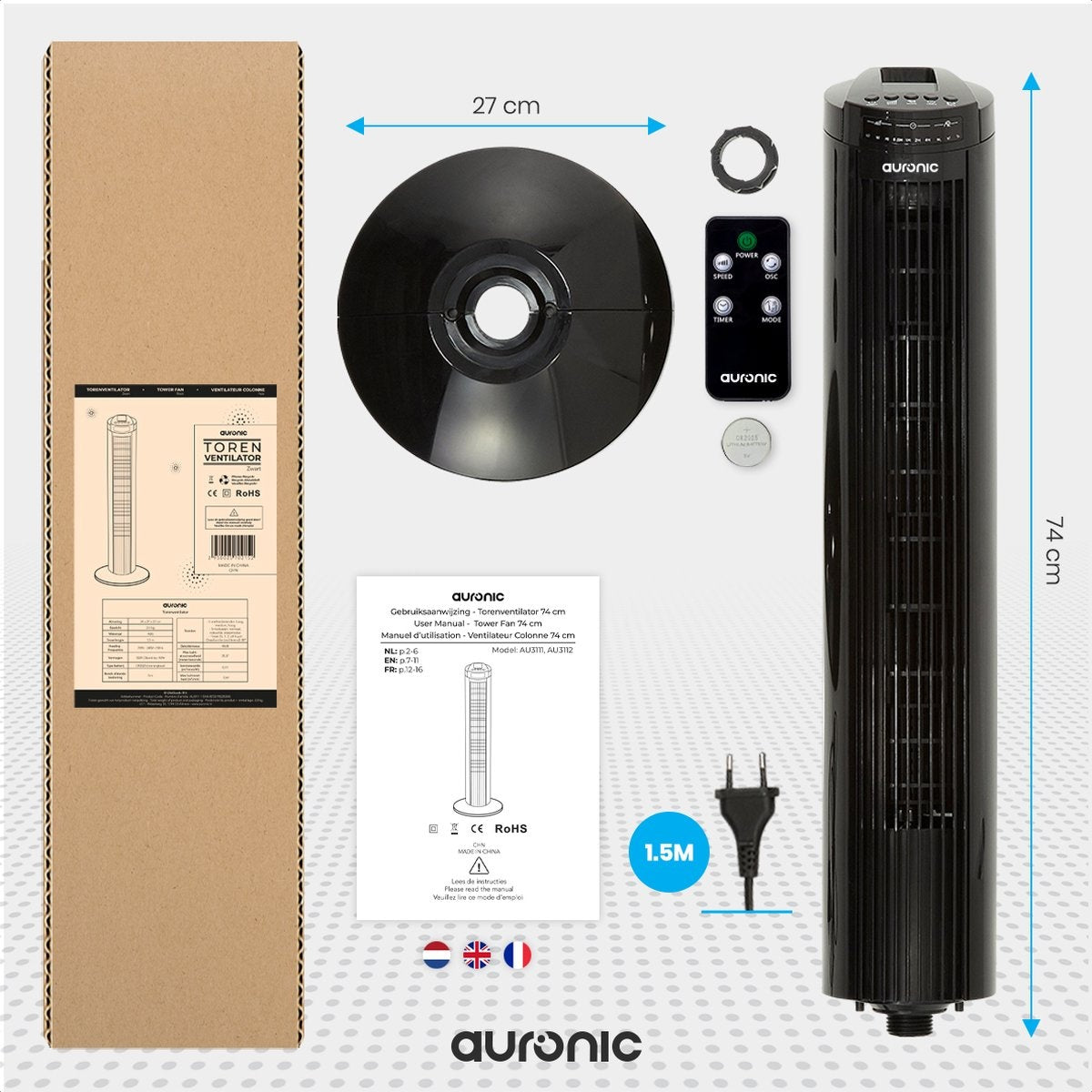 Auronic Torenventilator - Staande Ventilator met Afstandsbediening - Timer - 50W - 45dB - 74cm - Zwart