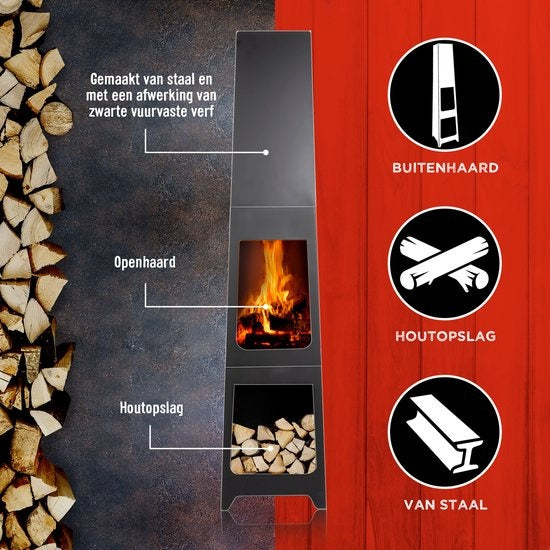 BBQ Collection Tuinhaard - Terrashaard 36 x 36 x 150 cm - Buitenhaard voor Brandhout - Terraskachel met As-Opvangbak en Houtopslag - Houtkachel voor Tuin en Terras - Carbon Staal