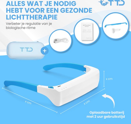 TTD® Lichttherapiebril met Wit & Blauw Licht - Verbetert Stemming, Focus, Energieniveau en Slaap - Daglichtbril - Daglichtlamp - Met Ingebouwde Timer - Oplaadbare Batterij - 100% UV-Vrij - Met Luxe Travel Case