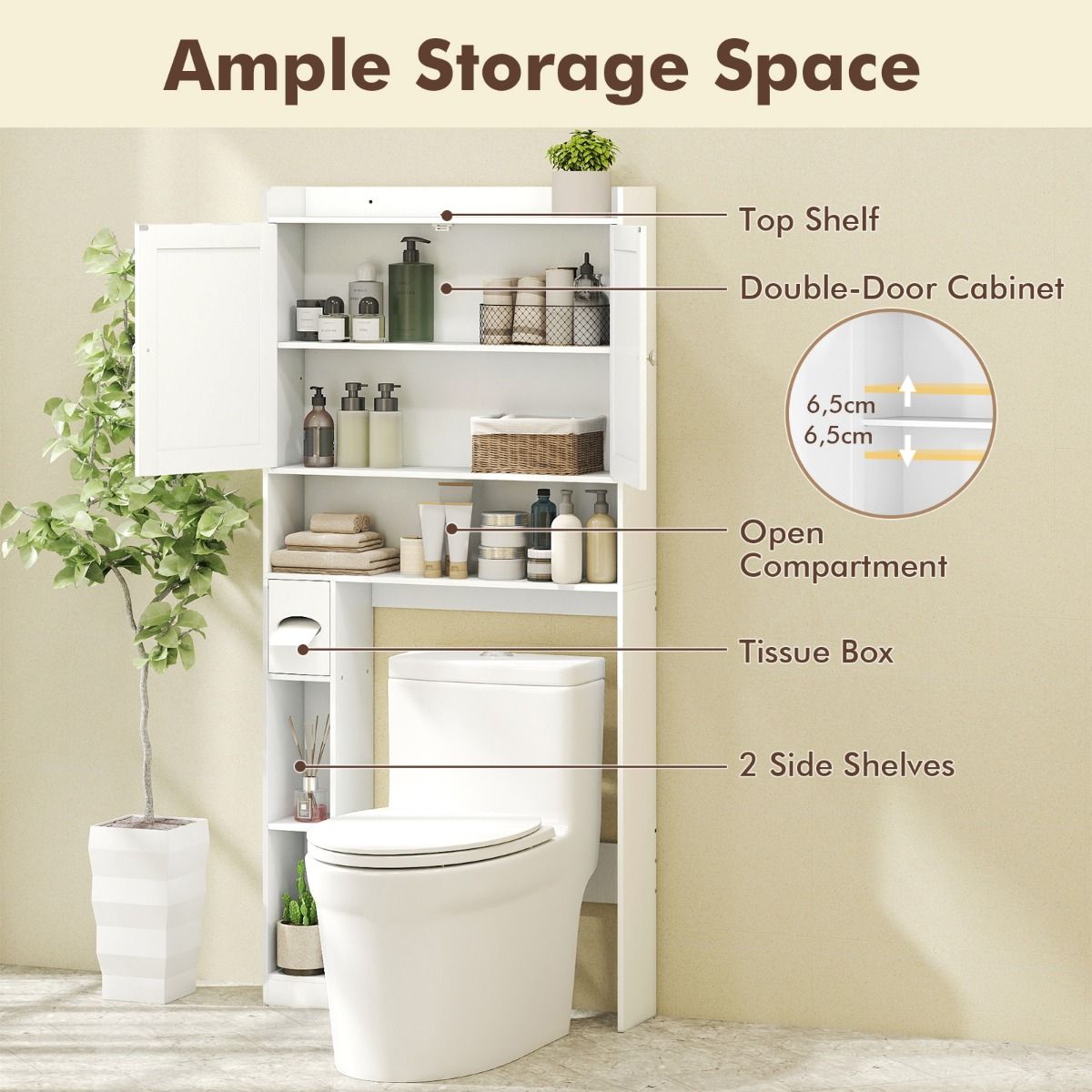 Coast Toiletkast Met Dubbele Deuren - Verstelbare Legplanken - Toiletrolhouder - Gewassen Grijs/Wit - 81,5 x 19,5 x 172 cm