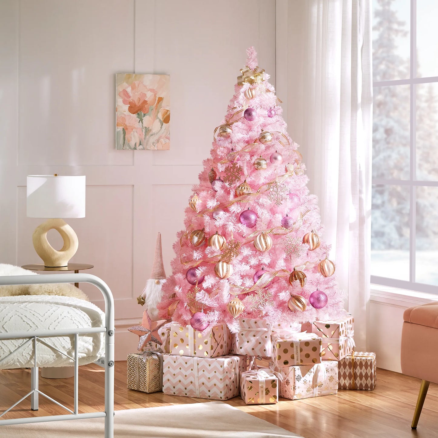 Yaheetech Kunstkerstboom Roze – 110 x 110 x 183 cm – Voorzien Van 598 Takpunten En Inklapbare Metalen Voet En Beschermende Gummikappen – Voor Woonkamer En Feestdagen – Roze PVC En Metaal