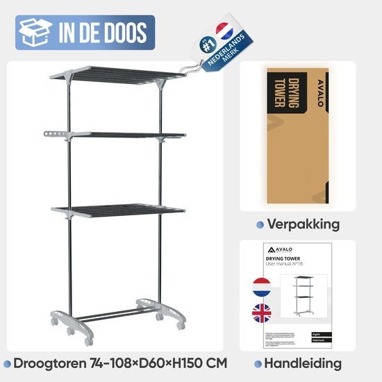 Avalo Droogrek - Droogtoren Met Wieltjes - 4 Niveaus - Inklapbaar - Wit