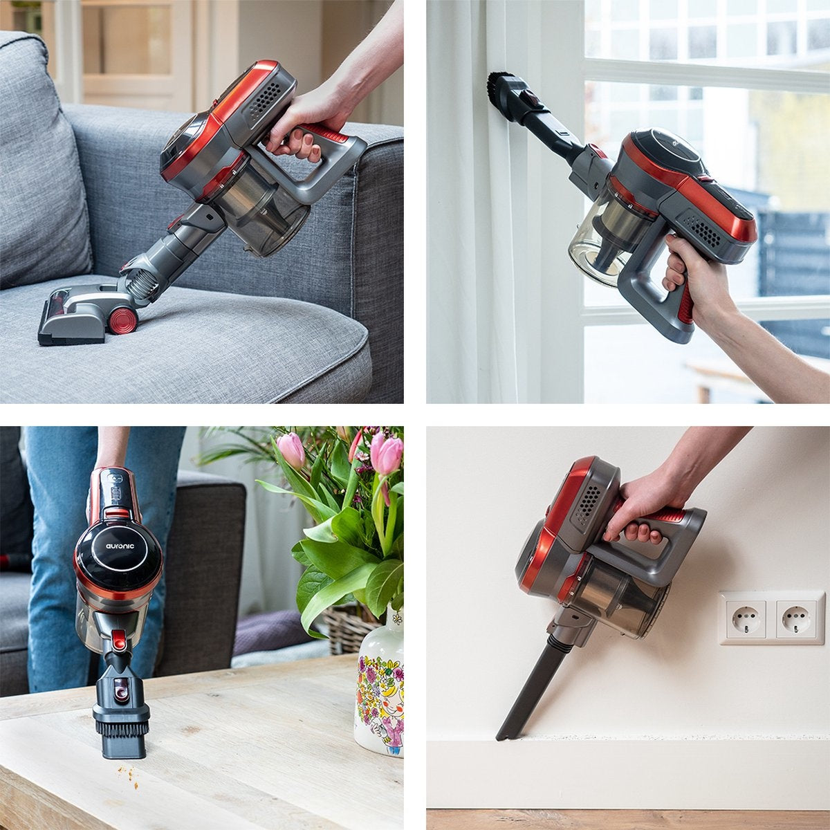 Auronic Steelstofzuiger Draadloos - Zonder Zak - Op Accu - 4-in-1 - 160W - Vacuum Cleaner - Rood/Grijs - Draadloze stofzuiger