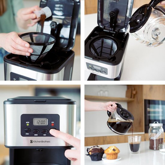 KitchenBrothers Koffiezetapparaat - Filterkoffie - met Glazen Kan - 12 Koppen - Zwart/RVS