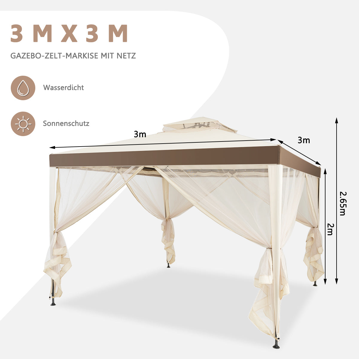 Tuinpaviljoen met 4 zijwanden - Incl. 8 Metalen Haringen en Scheerlijnen -300 x 300 x 265 cm - Beige