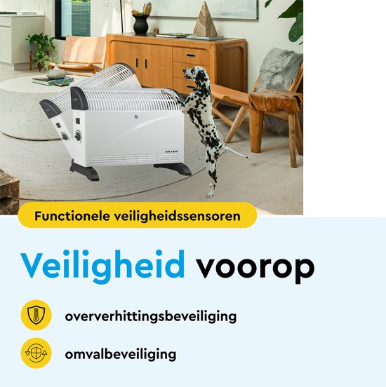 BRASQ Elektrische Convectorkachel - Elektrische Kachel - Compact en Geruisloos - Verstelbare thermostaat 750/1250/2000 watt - Verwarming wit - CH300