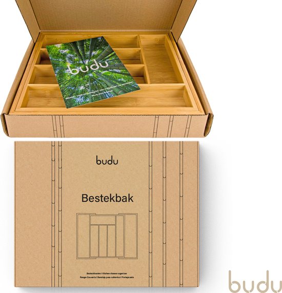 Budu Uitschuifbare Bamboe Bestekbak #33,5 (33,5 cm diep) - Bestekcassette Hout - Besteklade - 33,5 x 28 - 45 cm - 5/7 vakken