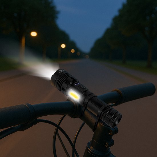 Exortus® Oplaadbare LED Zaklamp - 5000 Lumen - Duurzaam en Waterdicht - 26650 Batterij - COB Verlichting - Opbergdoos - Holster