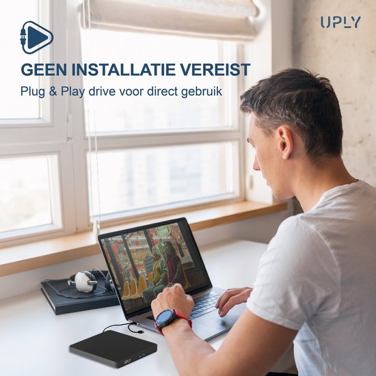 UPLY Externe DVD Speler - Windows en Mac - USB C en USB 3.0 - Externe DVD Speler voor Laptop - Externe DVD Speler en Brander - CD