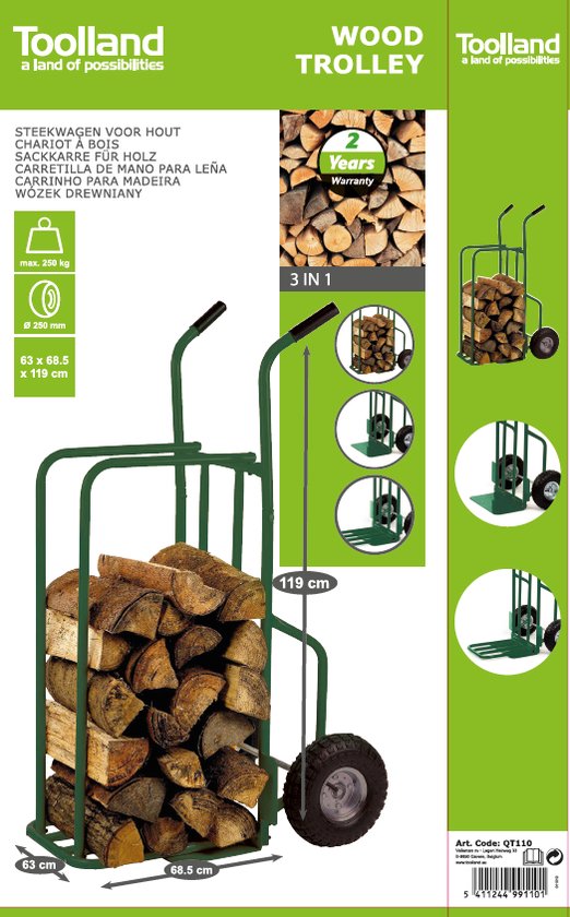 Toolland Steekwagen voor hout, groen, laadvermogen 250 kg