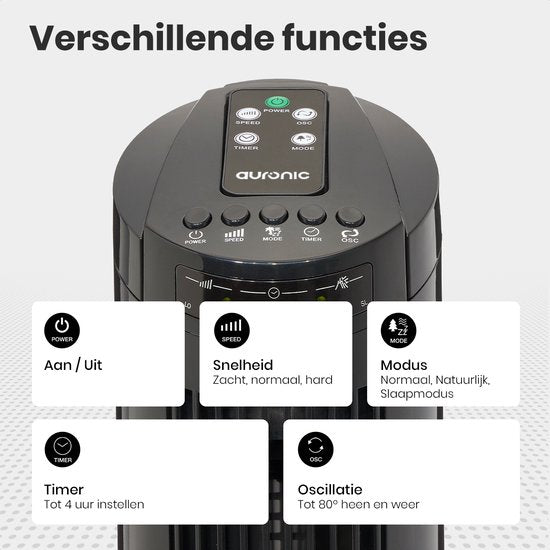 Auronic Torenventilator - Staande Ventilator met Afstandsbediening - Timer - 50W - 45dB - 74cm - Zwart