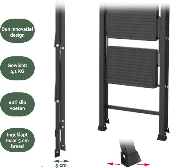 BRASQ Huishoudtrap 2-treden zwart - keukentrap inklapbaar metaal voor particulier en professioneel gebruik - Trapladder - Antislip