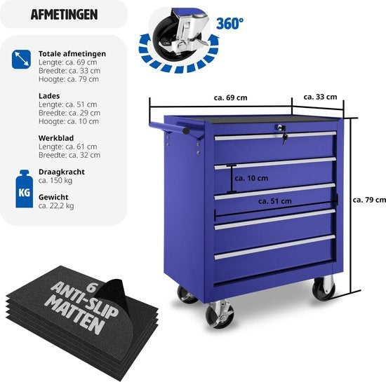 tectake® - Gereedschapswagen met 5 lades - blauw - 402798