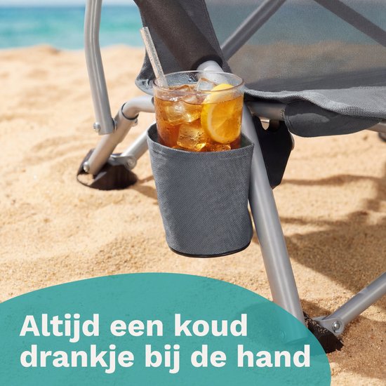 TRVLMORE Strandstoel - Inklapbaar en Opvouwbaar - 130KG Draagkracht - Lichtgewicht - Met Draagtas en Bekerhouder - Hoge Leuning - Grijs