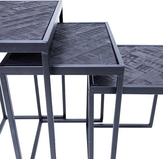 Bergen Bijzettafelset van 3 Tafels - Visgraat Patroon - Teakhout - 48 x 59 x 37 cm - Zwart