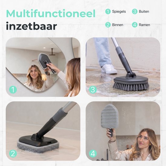 CLEANLY Schrobber met Steel 3 in 1 set - Schoonmaakborstel - Schuurborstel - Schrobber met Steel - Schrobborstel - Luiwagen - Verstelbaar 118-150cm - Zwart, Grijs