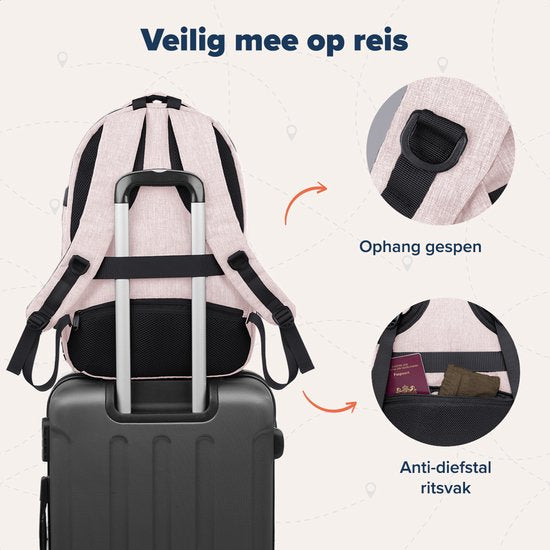 TRVLMORE Rugtas - 28L - 15,6 Inch - Laptop Rugzak met USB - Antidiefstal - Heren en Dames - Tas Roze