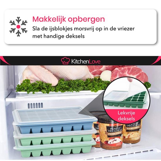 KitchenLove Siliconen IJsblokjesvorm met Deksel (2 Stuks) - 56 ijsblokjes - Vierkant - BPA Vrij - 100% Silicone - Groen & Blauw