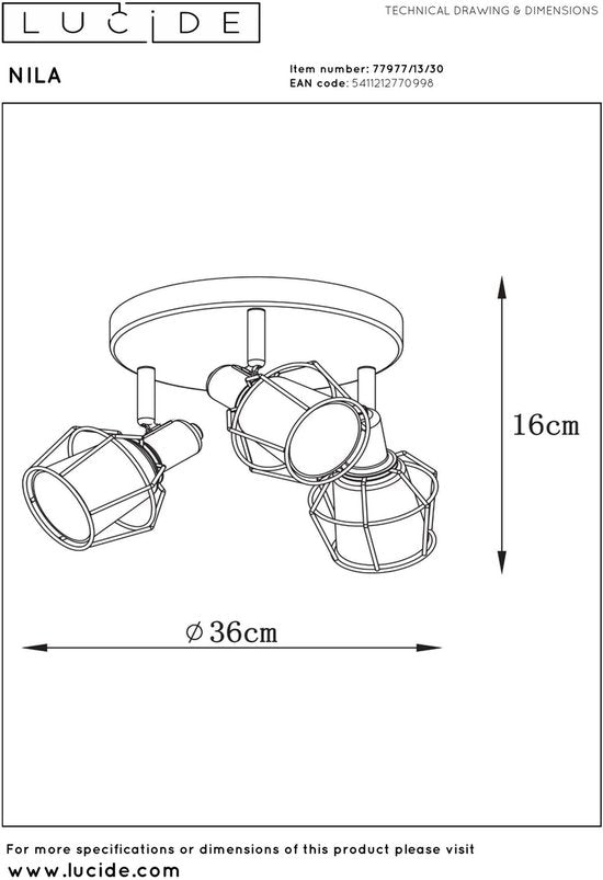 Lucide NILA - Plafondspot (Plafondlamp) - Ø 36 cm - 3xE14 - Zwart