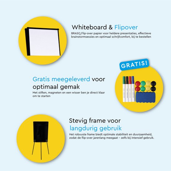 BRASQ Flipover - 70x100 cm - Verstelbaar Whiteboard - Inclusief 25 vellen papier, 4 Stiften, 8 Magneten, Wisser - Magnetisch bord met Haken - Magneetbord - Zwart