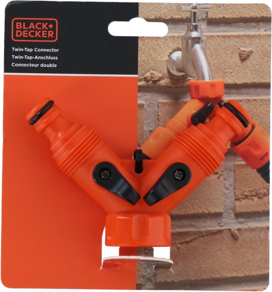 BLACK+DECKER Dubbel Kraanstuk Tuinslang - Tuinslang Koppeling - 3/4" Kraanaansluitingen - Geïntegreerde Waterstop - Waterstroom Reguleren - Kunststof - Oranje/Zwart