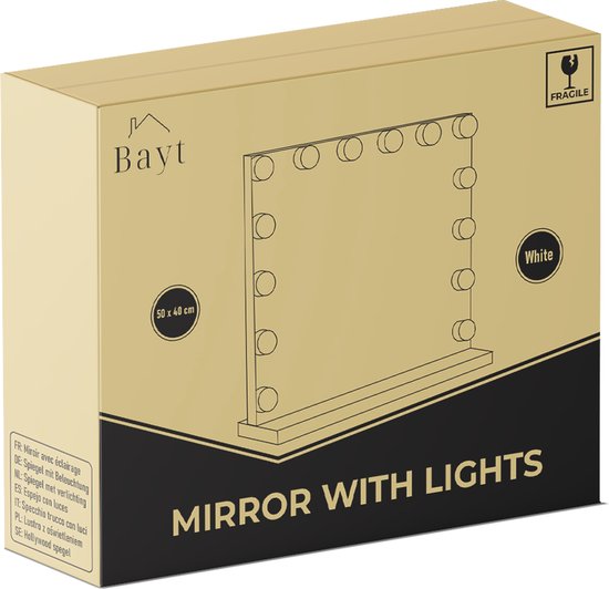 Bayt Hollywood Spiegel met verlichting - Make Up Spiegel met Verlichting - Spiegel Met Verlichting - Dimbaar - 10x Vergroting - 50x40cm - Wit