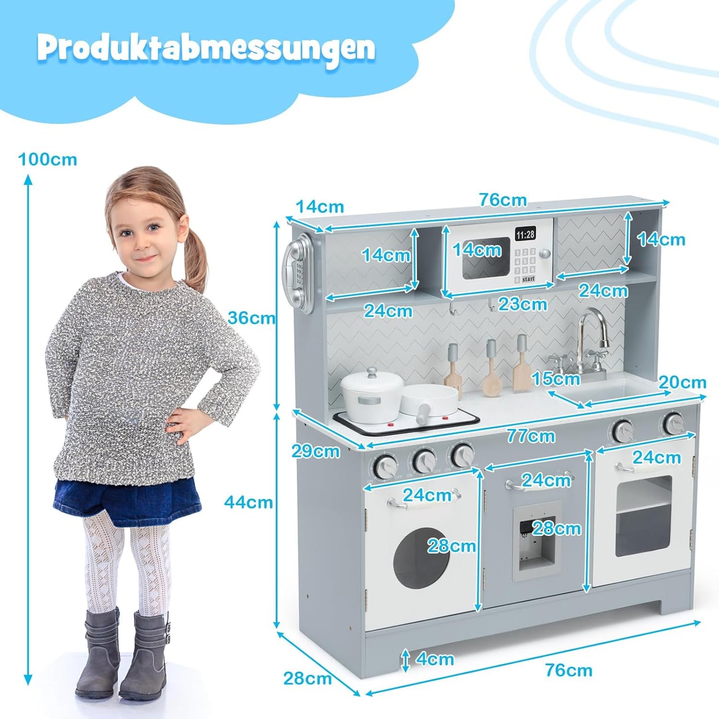 Coast Children's Kitchen met realistisch licht en geluid en accessoires 76 x 28 x 80 cm grijs