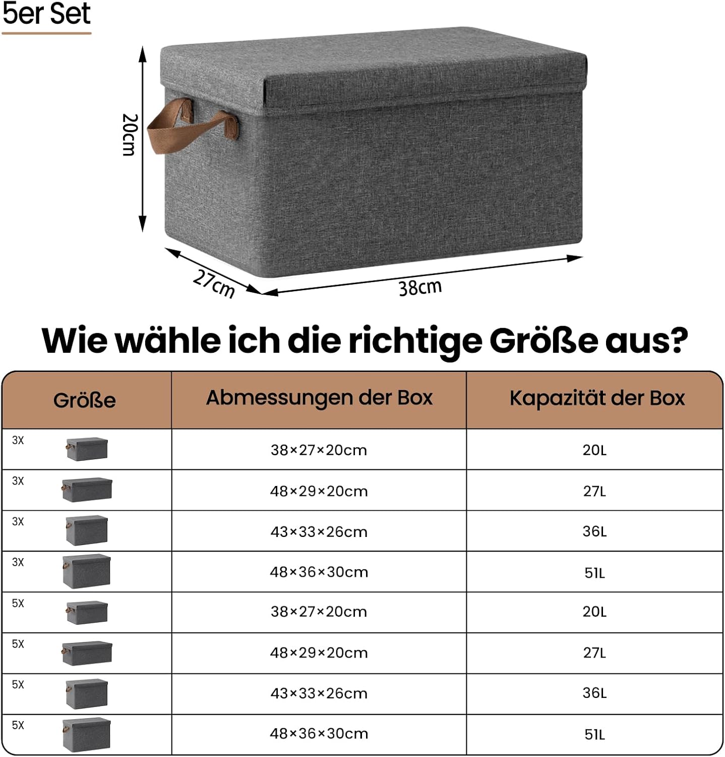WOLTU opbergbox met deksel - set van 5 opbergdozen - inklapbaar - grijs - 38 x 27 x 20 cm