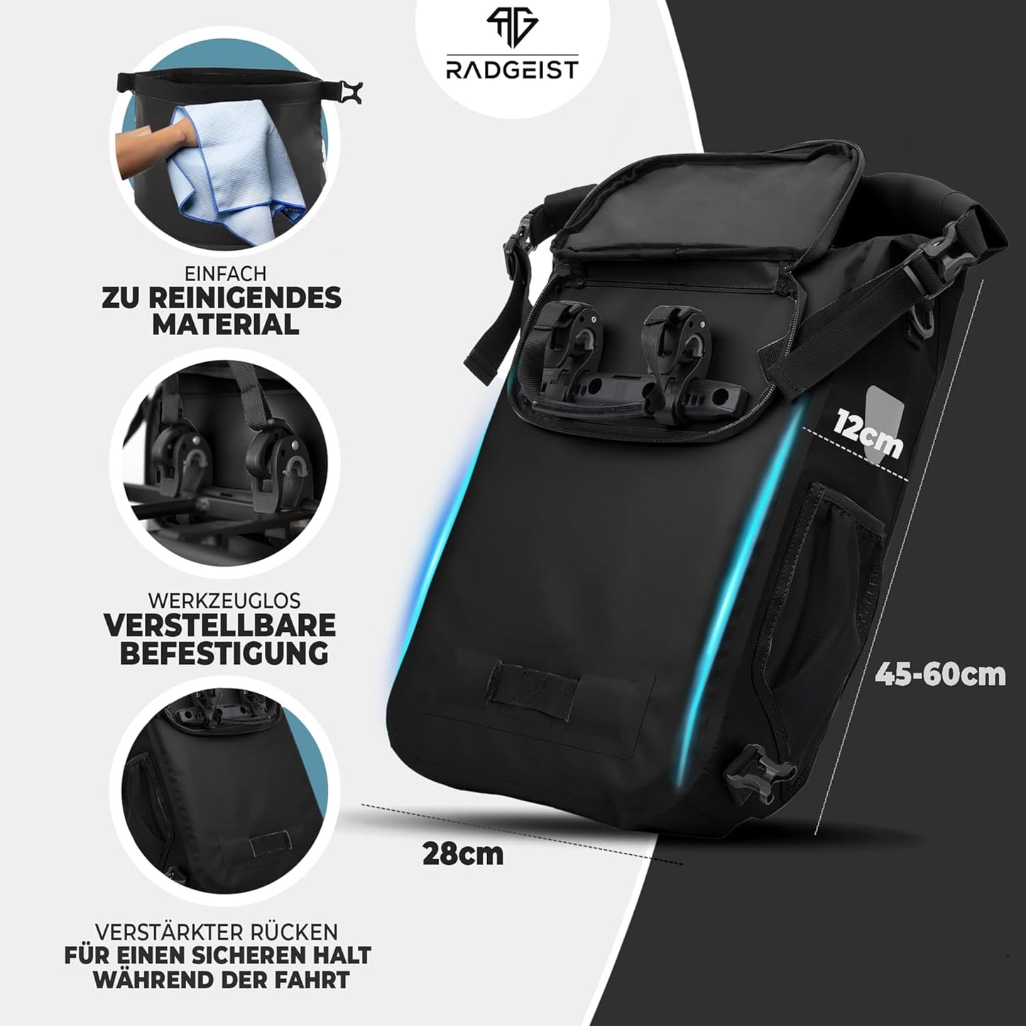 RADGEIST 3in1 fietstas voor bagagedrager I fietstas, rugzak & schoudertas 18-22L I tas voor fiets 100% waterdicht zwart