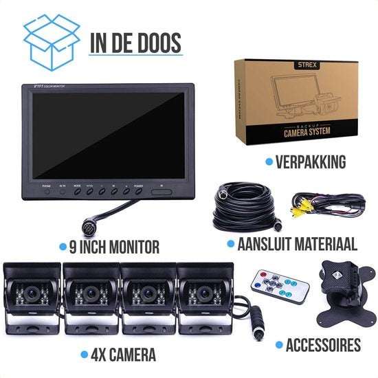 Strex Achteruitrijcamera Set Bedraad Met 4 Camera's (tegelijk bekijken) - 9" Scherm - 18LED Nachtzicht 15m - IP67 Waterdicht - Achteruitrij Camera