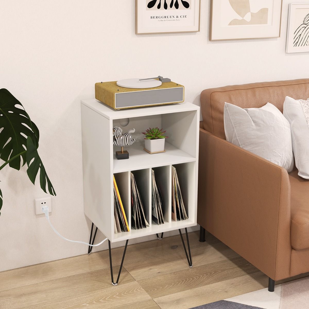 Coast Platenspelerstandaard - 3-laags vinyl opbergtafel - met oplaadstation - wit