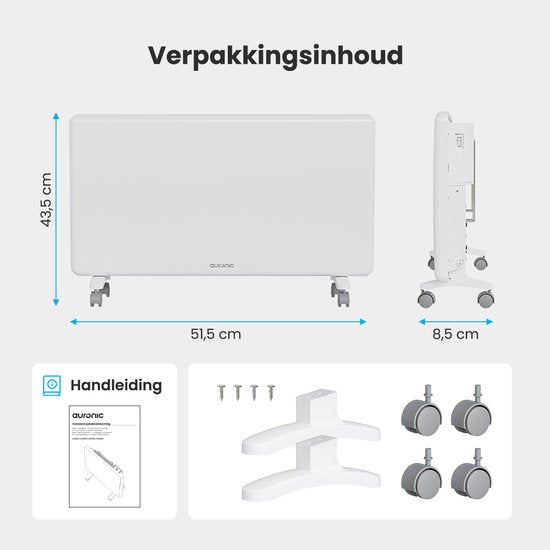 Auronic Convectorkachel - 2000W - Elektrische Kachel - 3 Standen - Metalen Paneelverwarming - Vrijstaand - Wielen - Wit