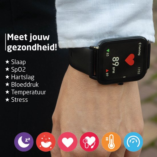 BREND Smartwatch voor Dames en Heren - Stappenteller, Bloeddrukmeter en Hartslagmeter - Sporthorloge - Waterdicht – Zwart