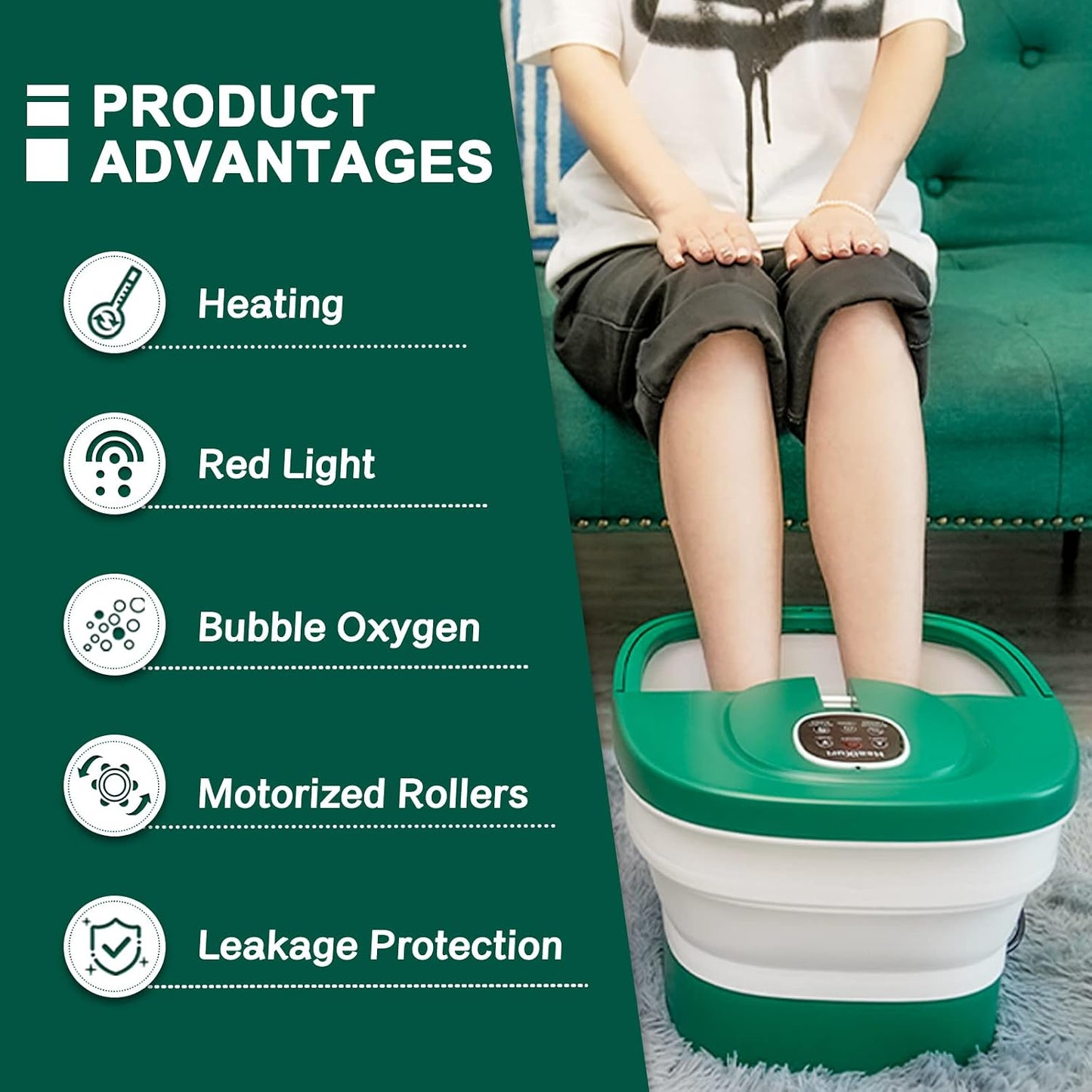 HealXuri Opvouwbaar Voetspa Massagebad met Verwarming, Bubbels & Elektrische Massagerollers - 43,18 x 35,56 x 15,24 cm