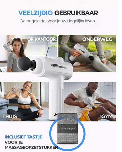 Heldenwerk Massagepistool – 6 opzetstukken, 3200 omw/min, USB-C, spiermassageapparaat – wit