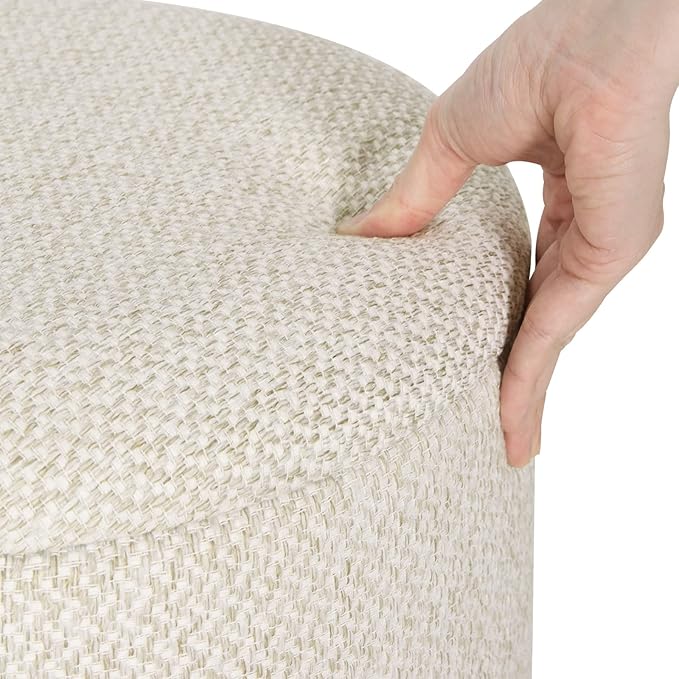 WOLTU opberg poef - ronde voetenbank met deksel - linnen crème wit - 39 x 33 cm - houten poten