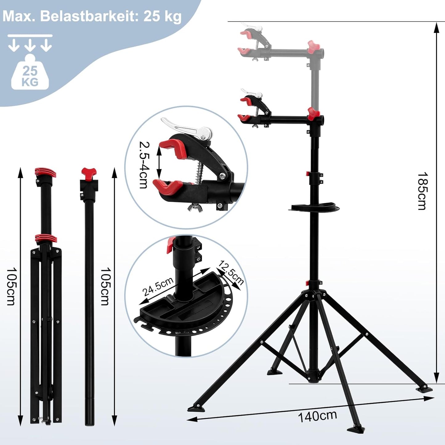 WOLTU Fiets Montagestandaard Zwart - 105-185 cm Verstelbaar - 360° Draaibaar - Tot 25 kg