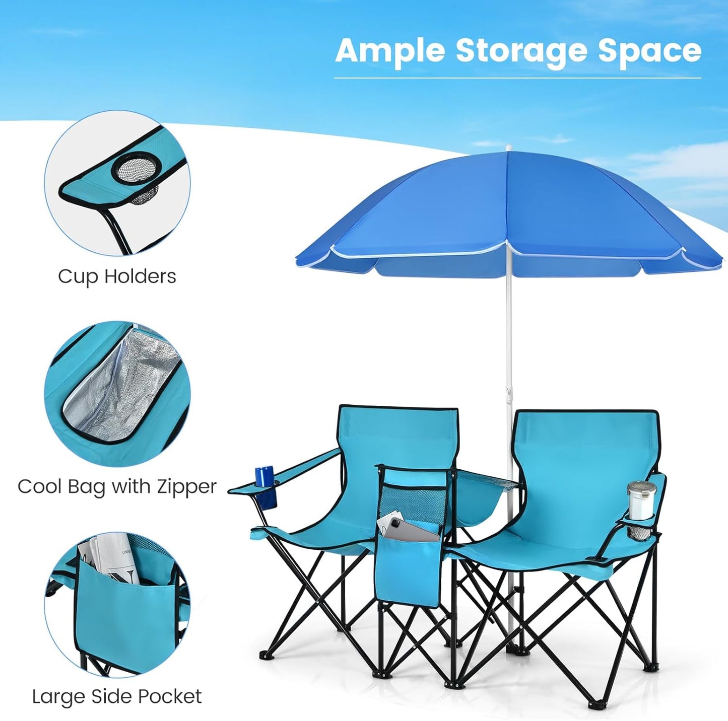 Coast campingstoel met parasol dubbele vouwstoel met bekerhouder koeltas turquoise