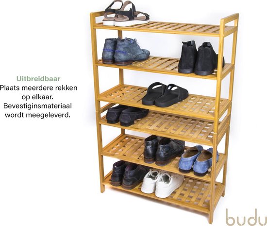 Budu Schoenenrek (3 niveaus) - Schoenenrek bamboe - Schoenenkast hout - Schoenen Organizer