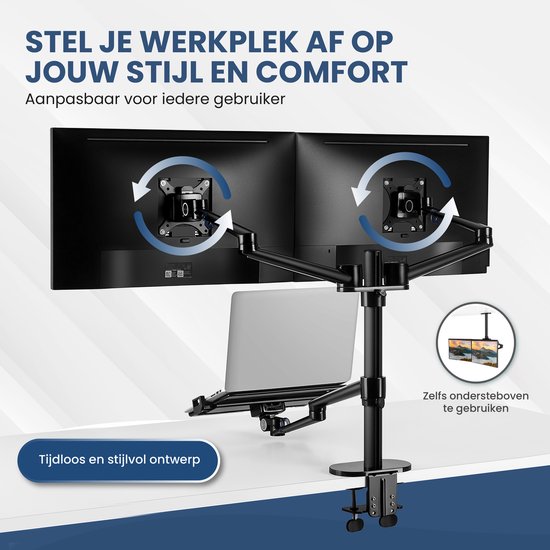 TTD® Monitor Arm 2 Schermen & Laptop - Monitor Arm 3 Schermen - Monitor Arm voor 2 Beeldschermen en 1 Laptop - Volledig Roteerbaar en in Hoogte Verstelbaar - 9 kg per Arm - Monitor Beugel - Zwart - Aluminium - Laptop Standaard Verstelbaar