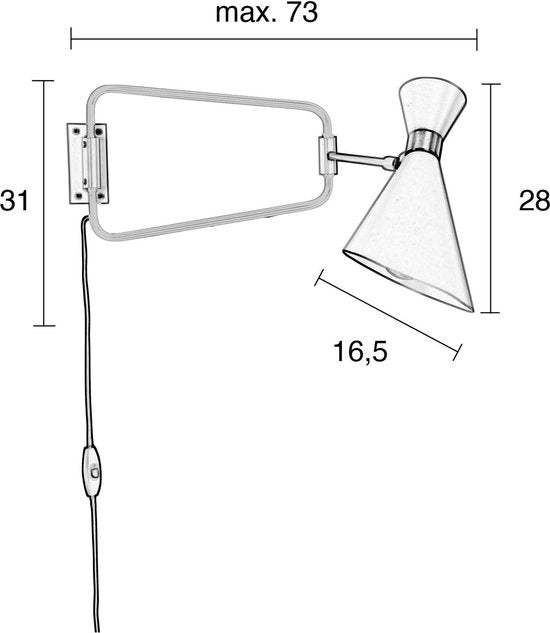 Zuiver Shady Wandlamp Wit - 73x14,5x31 cm - metaal - 180 cm snoerlengte - 25W