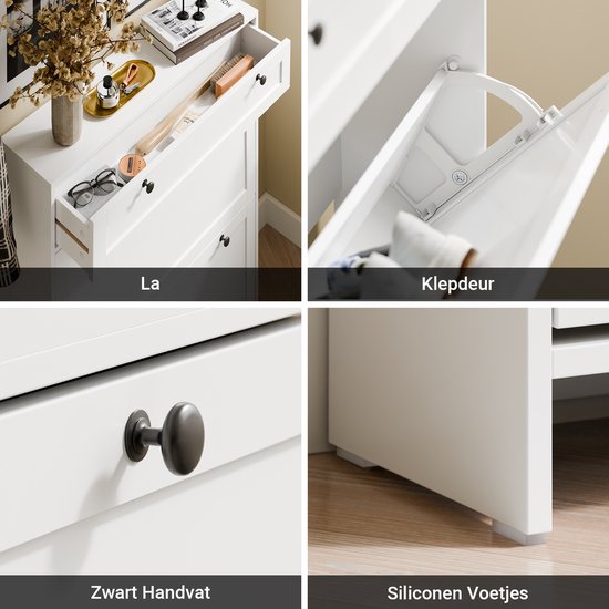 SoBuy – Schoenenkast Met 1 Lade – 80 x 19 x 107 cm & Met 2 Kanteldeuren – Voorzien Van Anti-tip Systeem En Silicone Voetjes – Voor Smalle Gangen En Entrees – Wit Mdf